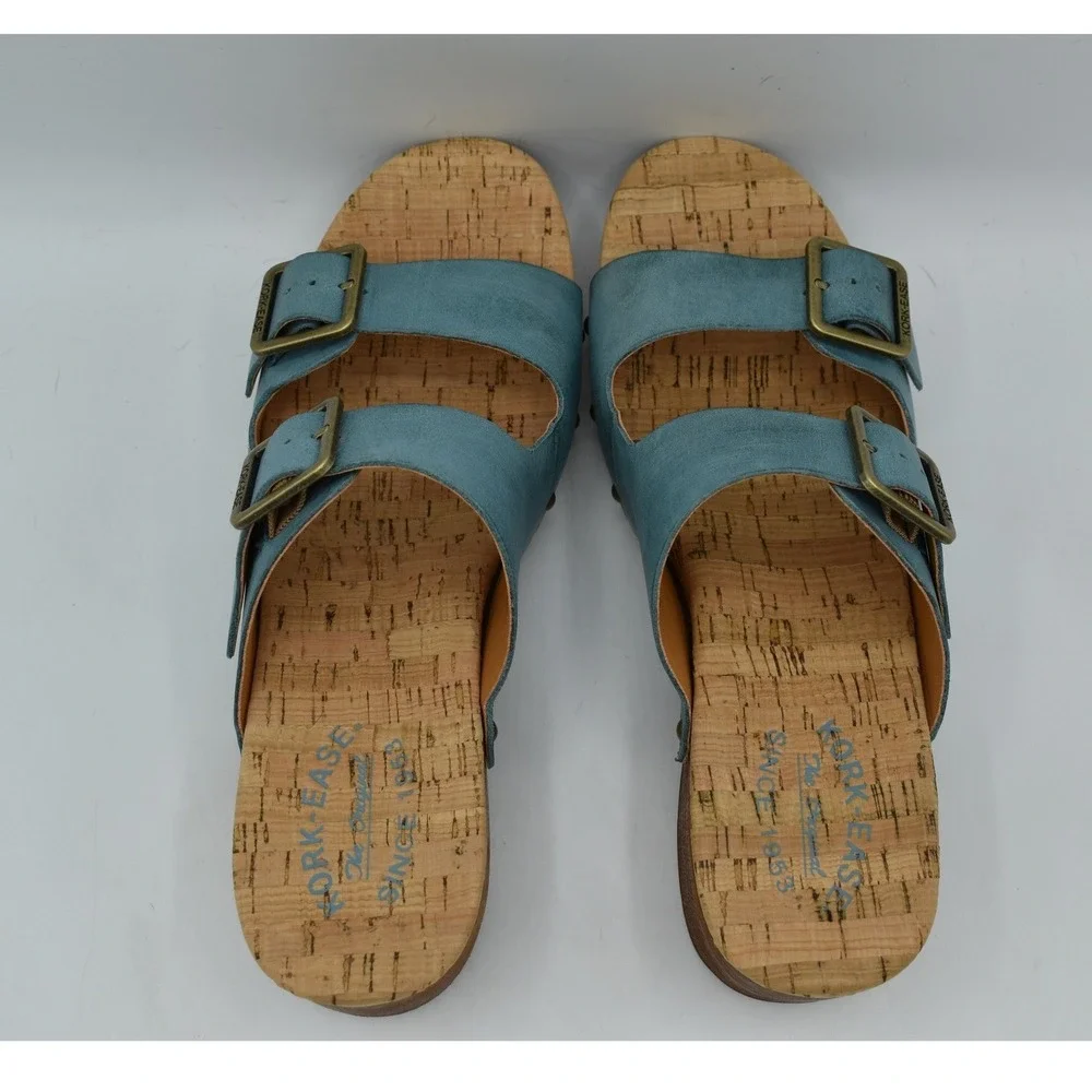 Kork-Ease Saffron Women 9 Turquoise Leather Cork Wedge Shoes Slide Sandals